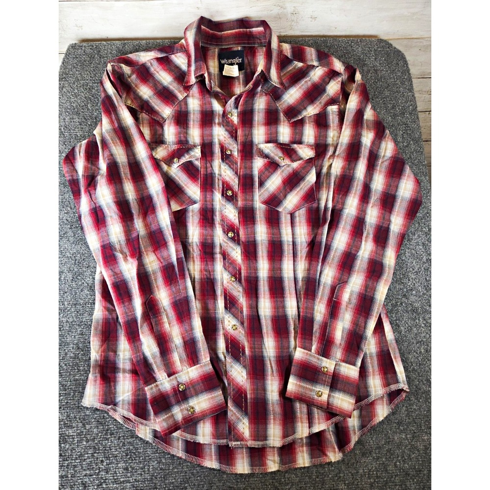 Wrangler Mens Western Shirt M Red Plaid Snap Front Distressed MVG160M